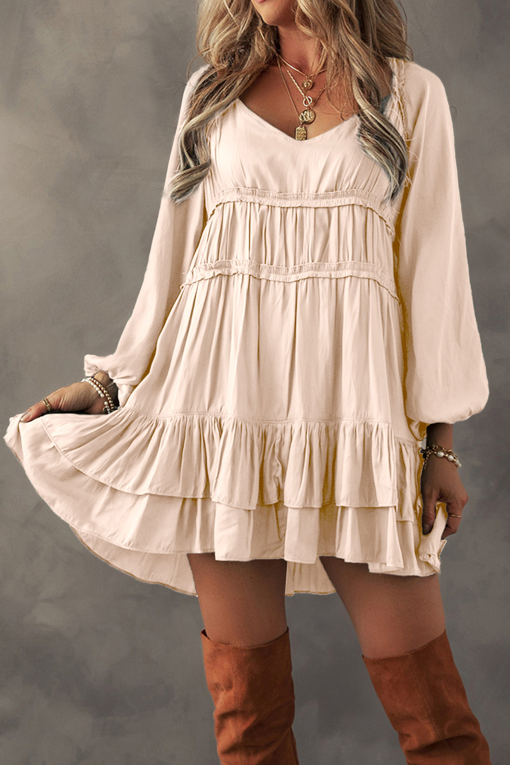 Apricot Tiered Ruffled Puff Sleeve Loose Fit Mini Dress