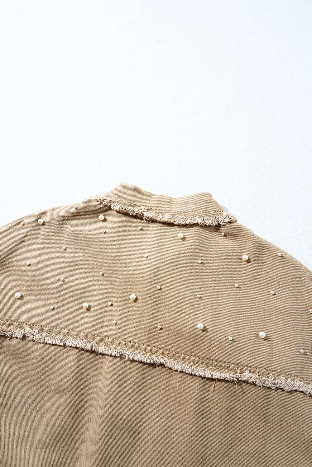 Khaki Pearl Beaded Raw Hem Button Up Denim Jacket