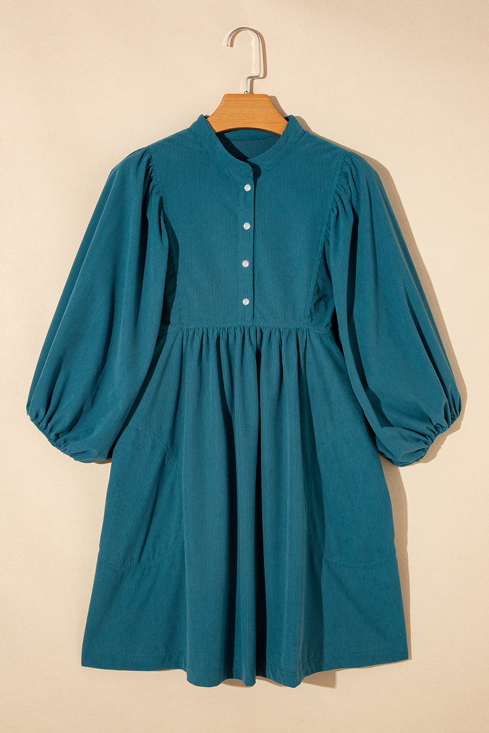 Vineyard Green Corduroy Snap Buttons Empire Waist Bracelet Sleeve Dress