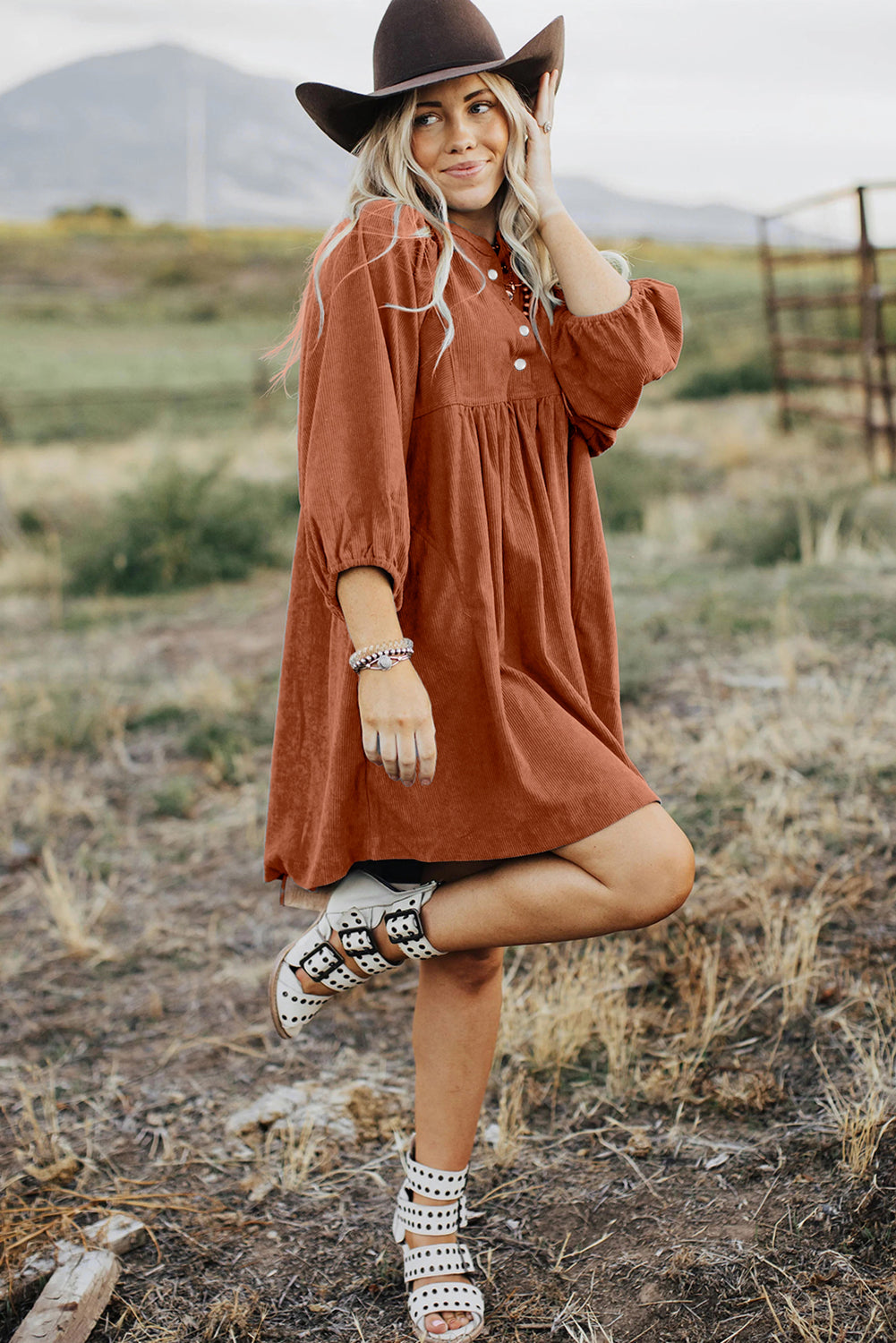 Vineyard Green Corduroy Snap Buttons Empire Waist Bracelet Sleeve Dress