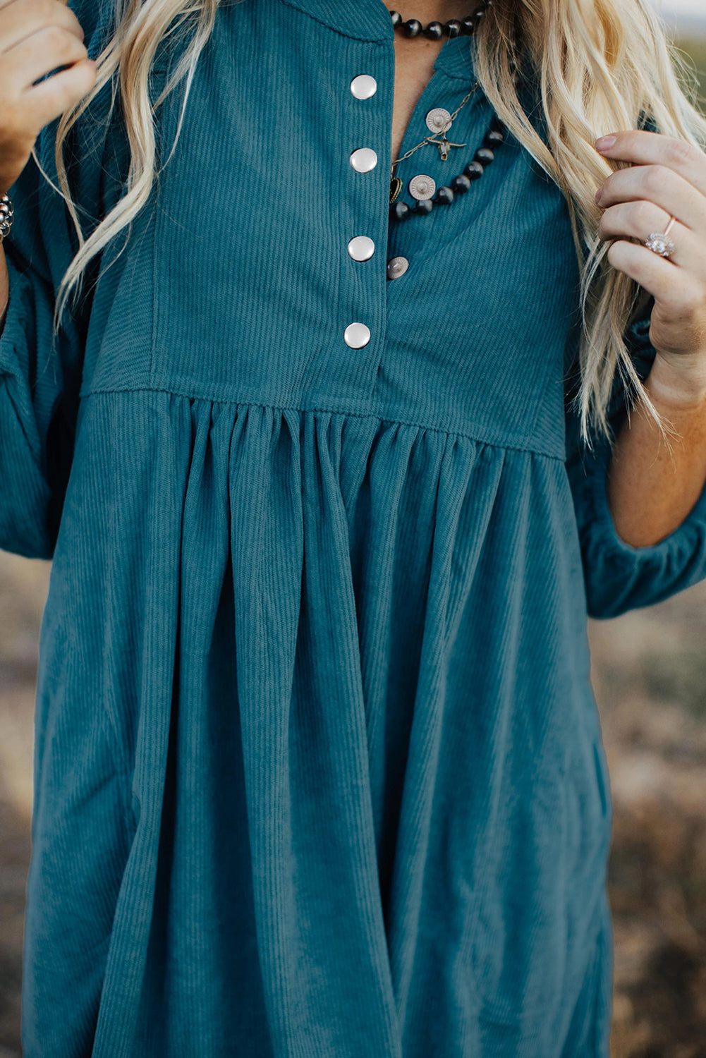 Vineyard Green Corduroy Snap Buttons Empire Waist Bracelet Sleeve Dress