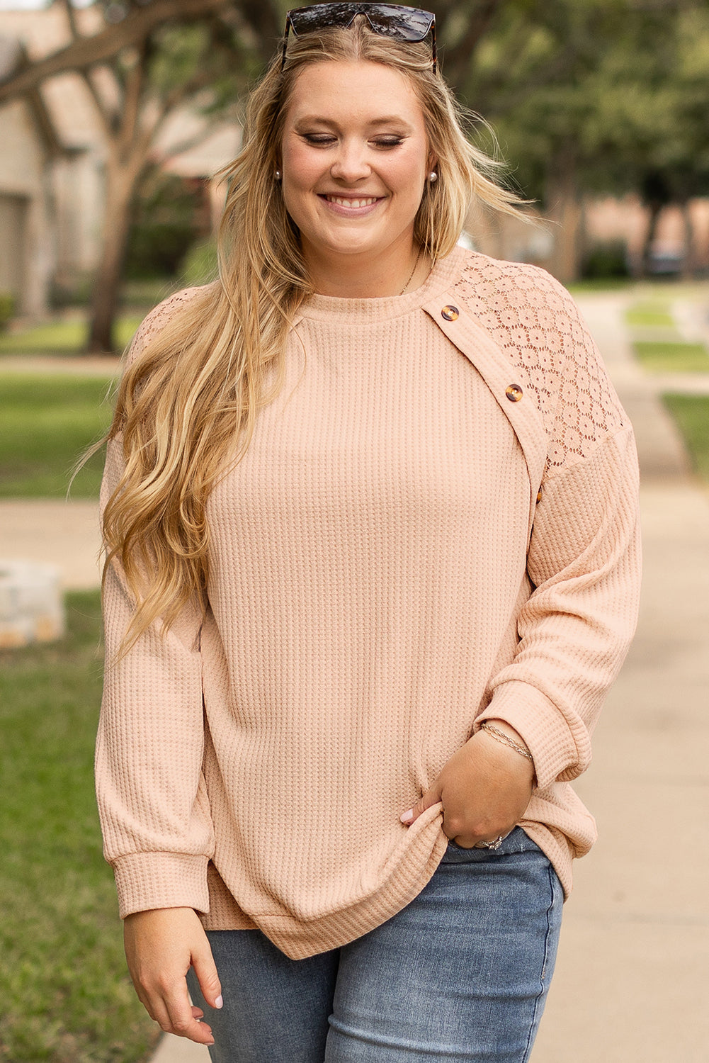 Beige Plus Size Lace Patchwork Buttons Waffle Knit Top