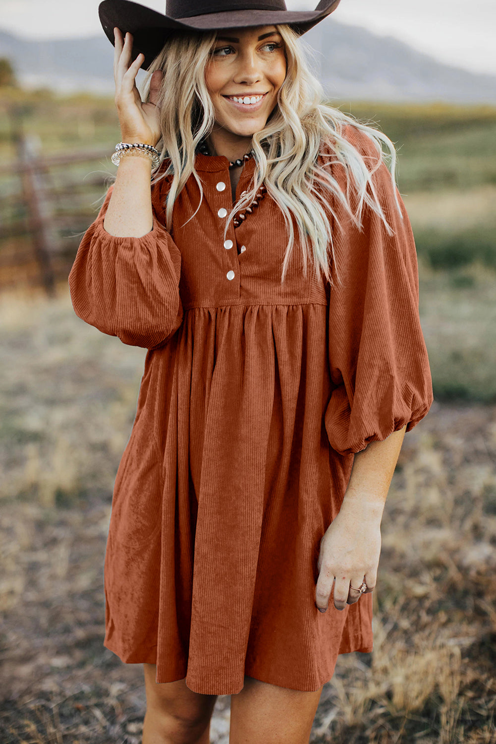 Vineyard Green Corduroy Snap Buttons Empire Waist Bracelet Sleeve Dress