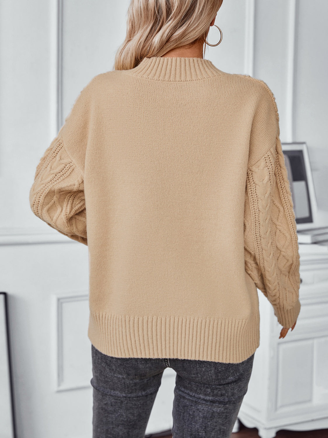 Cable-Knit Notched Long Sleeve Sweater