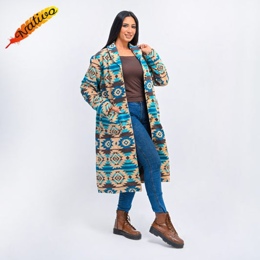 Long Tan and Blue Womens Coat