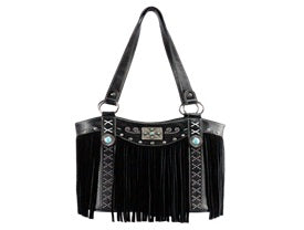 Medium Black Handbag with Turquoise and Fringe
