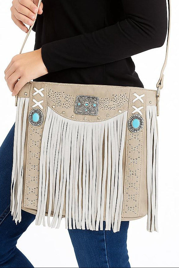 Small Tan Handbag with Turquoise and Fringe