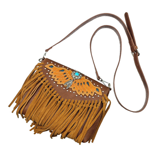Western Fringe Crossbody Purse – Brown with Turquoise Stone