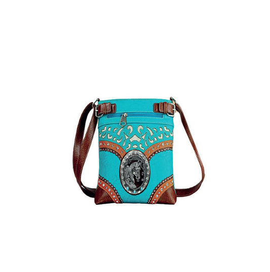 Turquoise and Brown Medium Crossbody w/Silver Horse