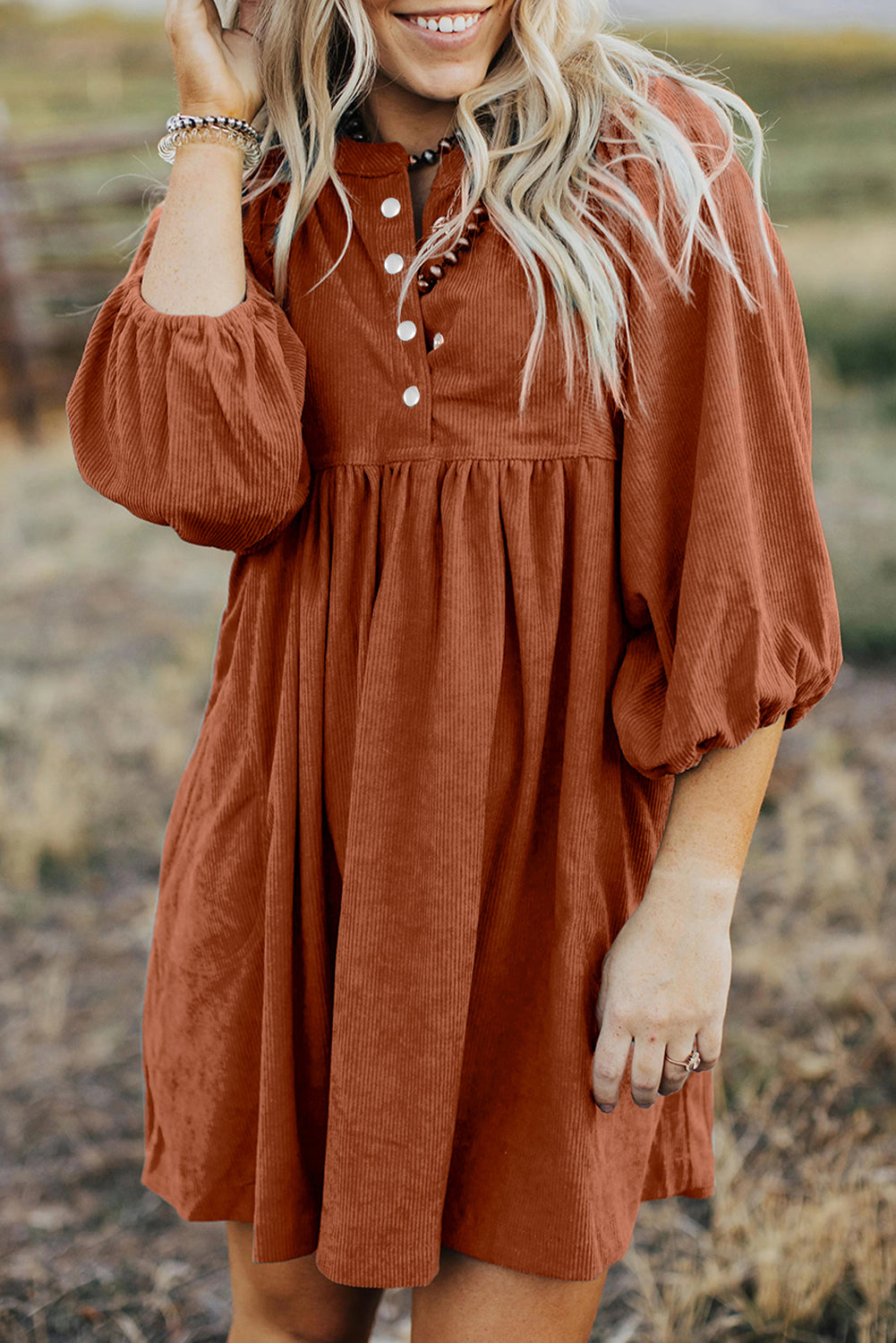 Vineyard Green Corduroy Snap Buttons Empire Waist Bracelet Sleeve Dress