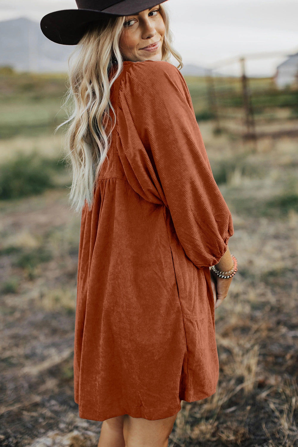 Vineyard Green Corduroy Snap Buttons Empire Waist Bracelet Sleeve Dress