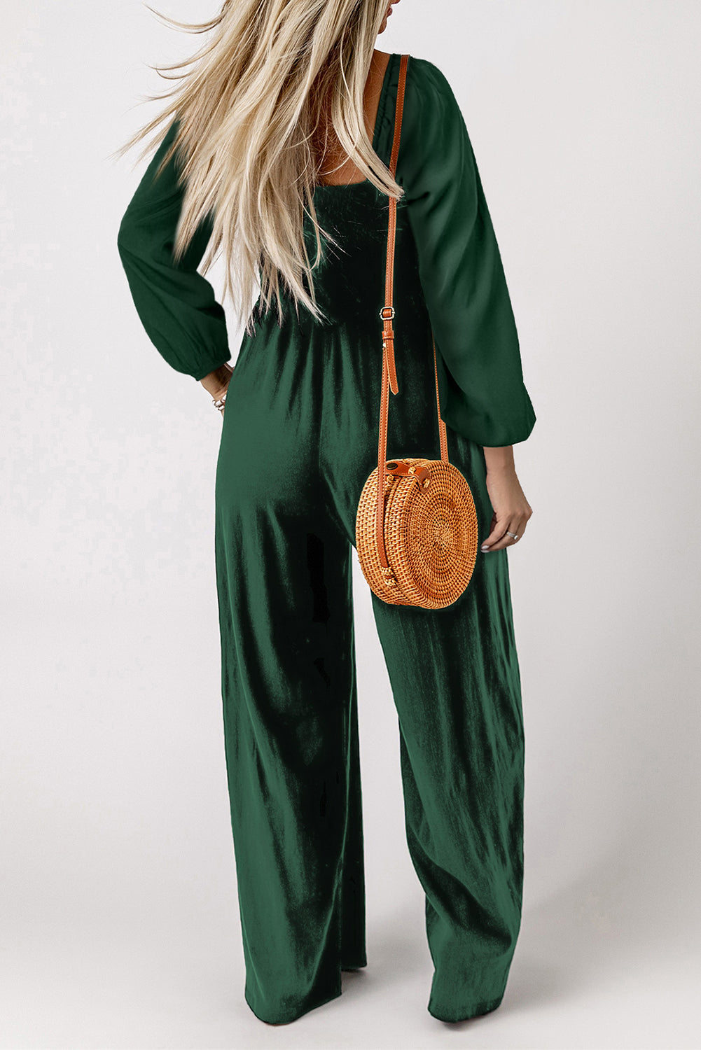 Green Smocked Square Neck Long Sleeve Wide Leg Jumpsuit